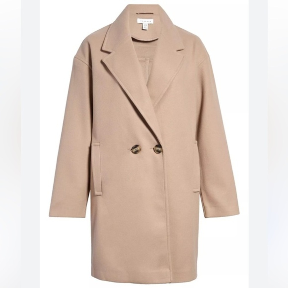 🇪🇸🐠 Topshop Riley double breasted overcoat camel beige notched collar size 2